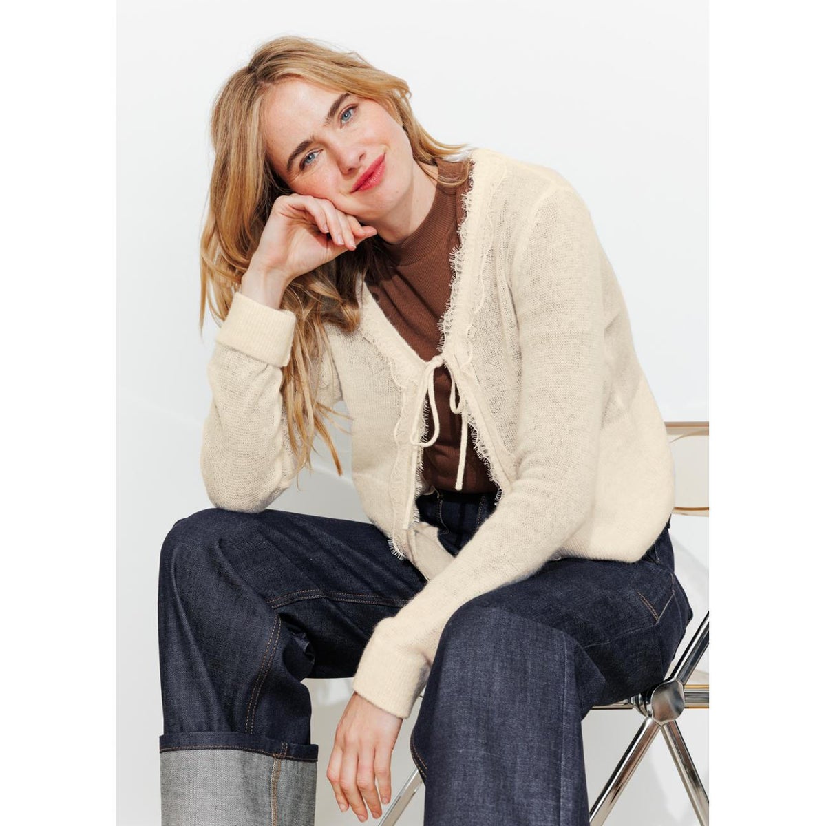 Cardigan détail dentelle ecru, PROMOD