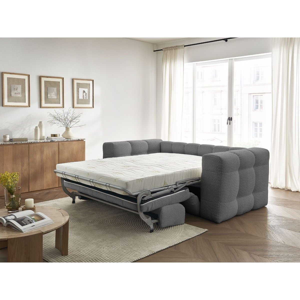 Canapé droit convertible 3 places en tissu bouclette, CLOUD gris foncé, BOBOCHIC