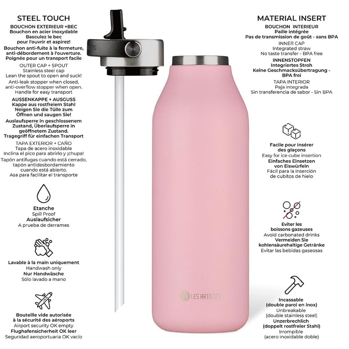 Bouteille isotherme 2.0 inox 1,5L rose, LES ARTISTES PARIS