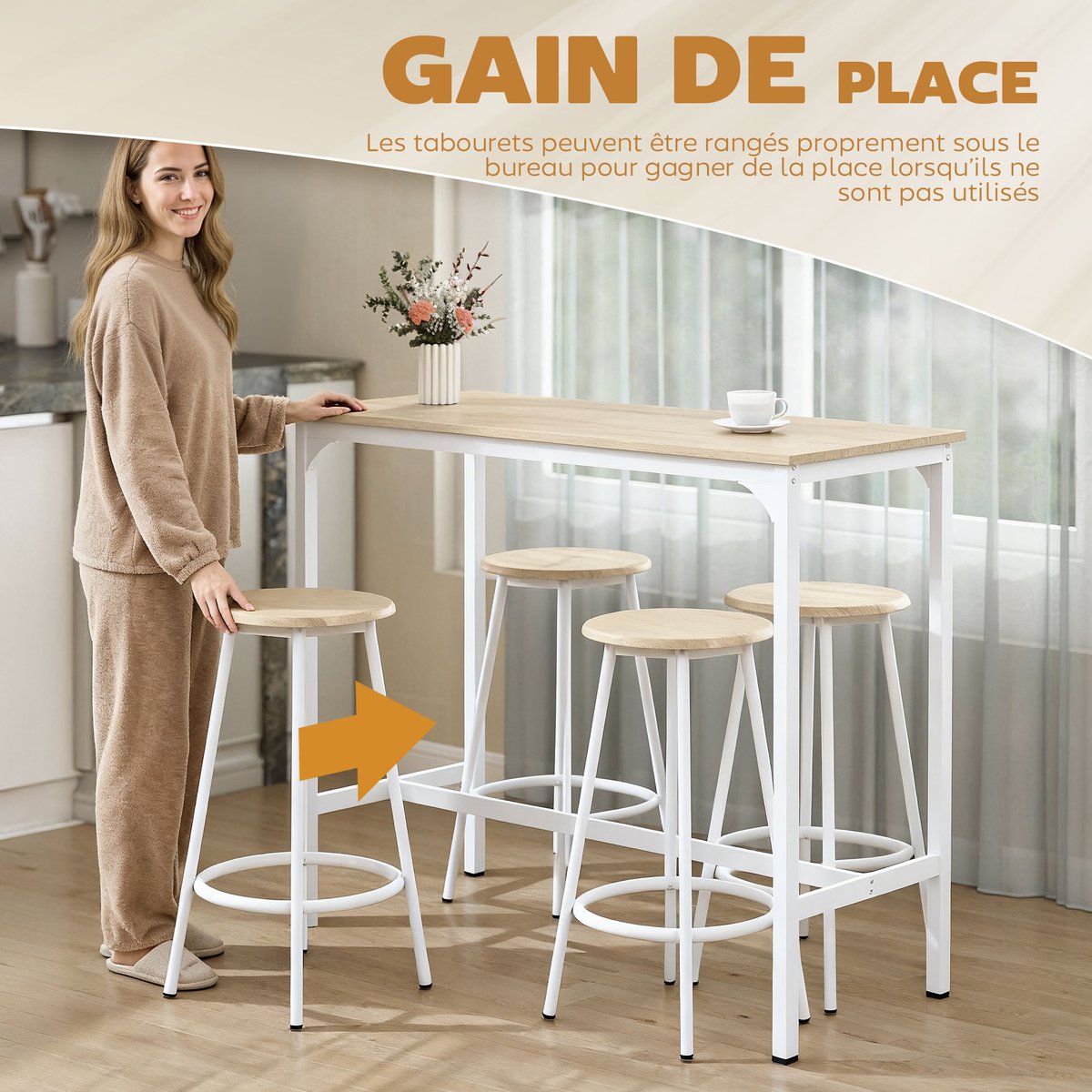 Ensemble de table de bar Métal effet bois naturel, blanc, HOMCOM