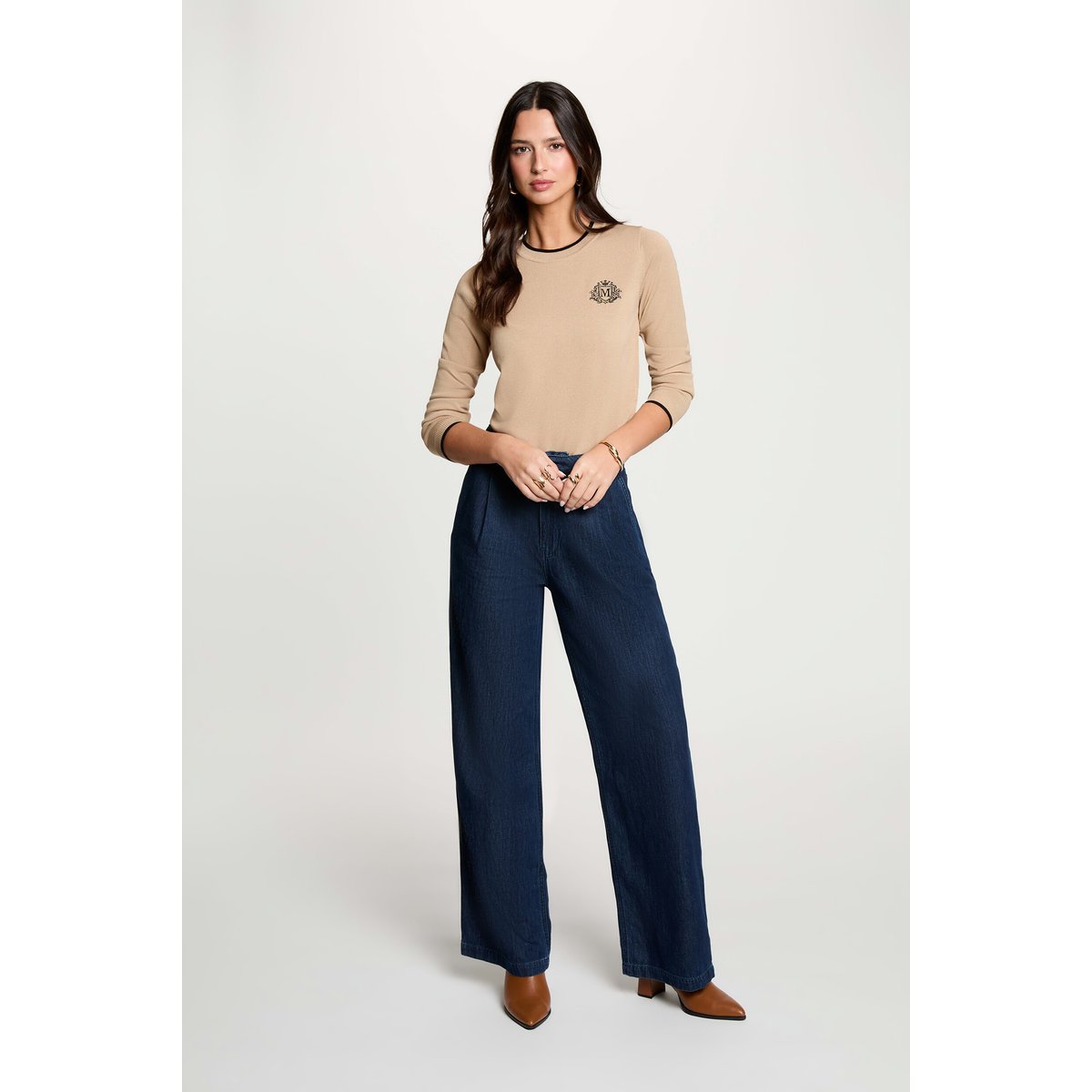 Pull col rond manches longues beige, MORGAN