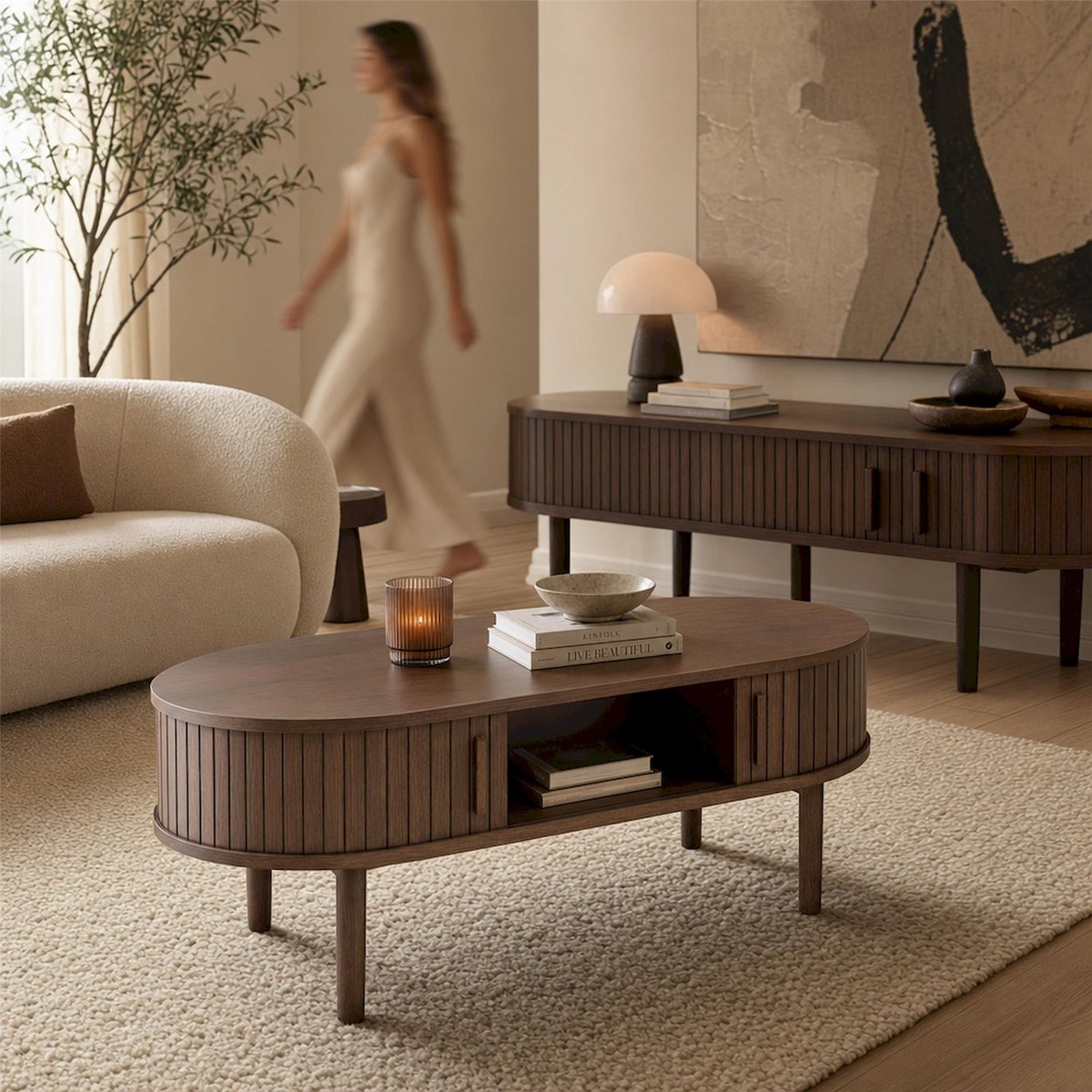 Table basse ovale bois avec rangement META chêne foncé, RECOLLECTION