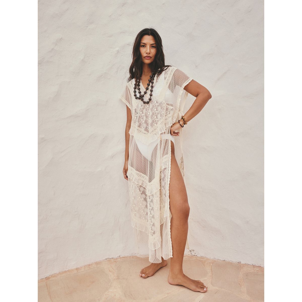 Robe caftan longue dentelle écru, NEXT