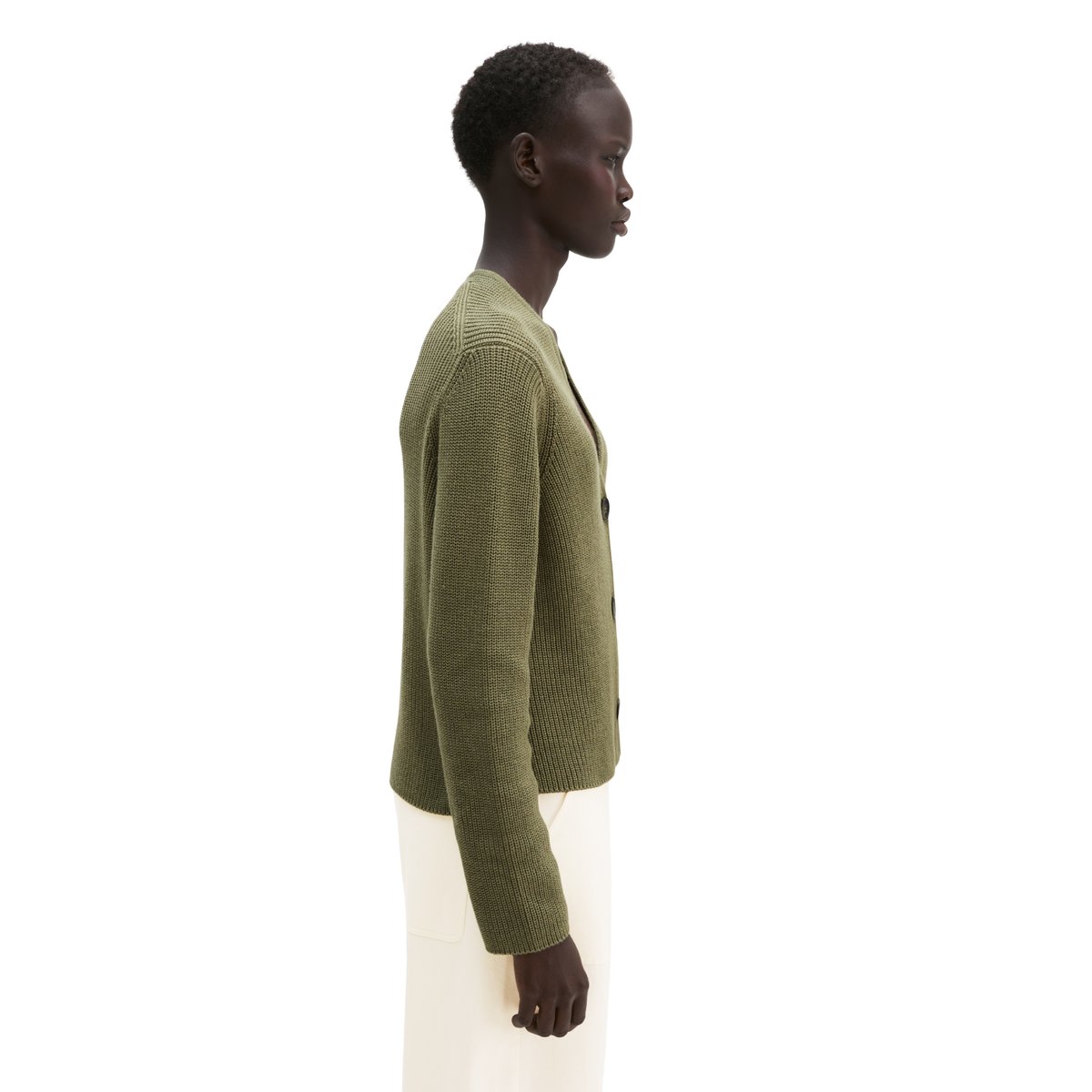 Cardigan col V relaxed en coton organique lourd vert, MARC O'POLO