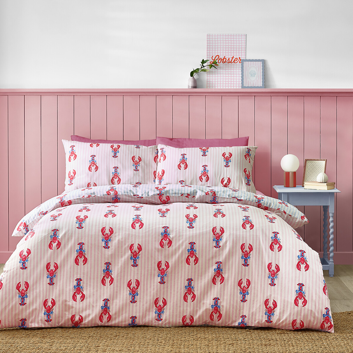 Lobster Stripe Reversible Duvet Cover And Pillowcase Set pink, SASSY B