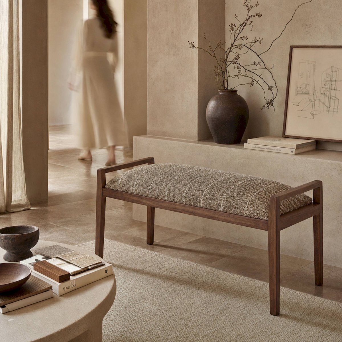 Banc contemporain en bois de manguier marron et beige, RECOLLECTION