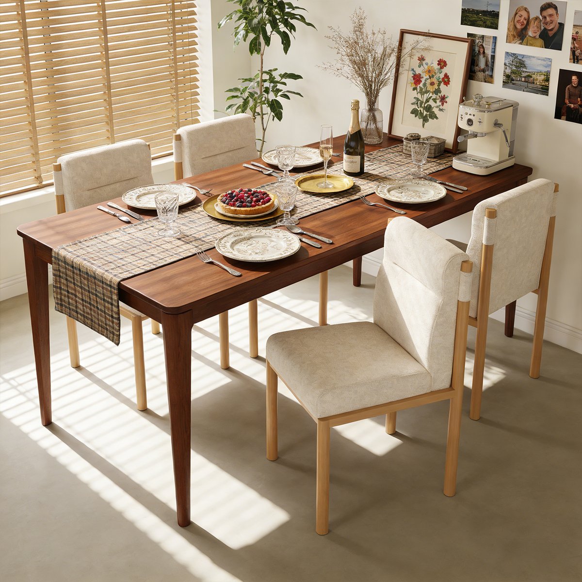 Lot de 4 chaises de salle à manger en bouclette avec pieds métal, DUORAU beige, MEUBLES COSY