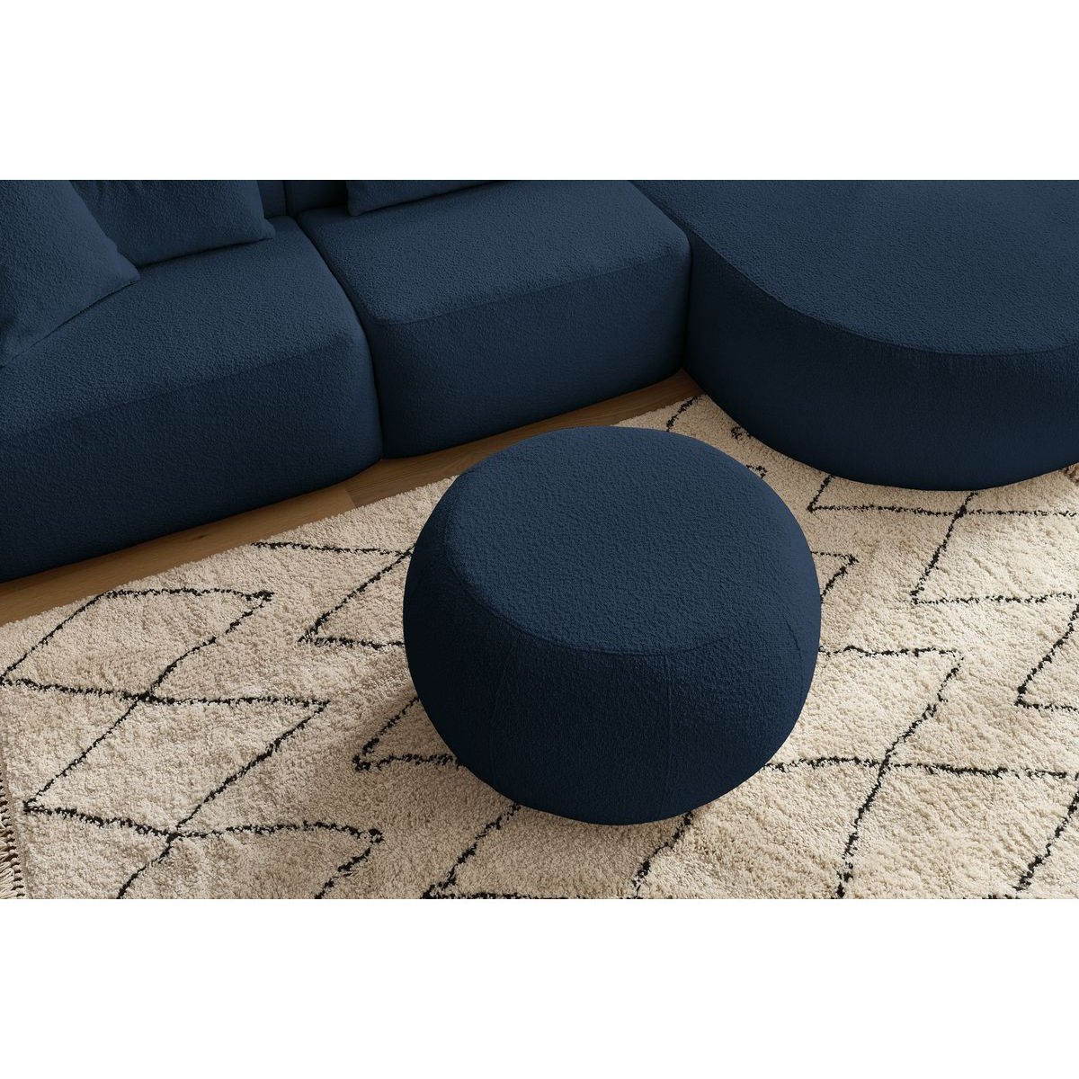 Canapé d'angle fixe 4 places en tissu bouclette avec pouf, ALESIA bleu foncé, BOBOCHIC