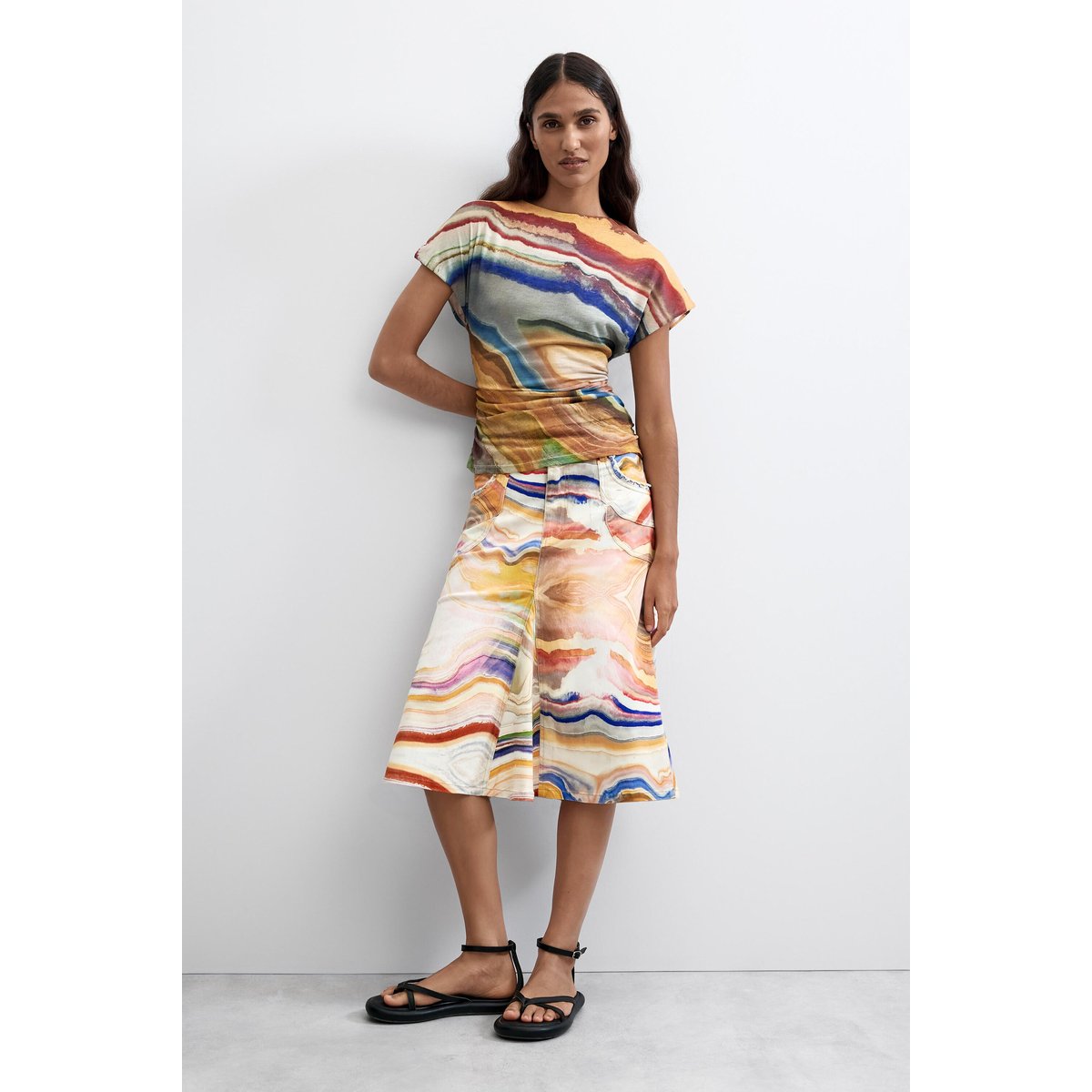 Jupe midi à imprimé jaune, DESIGUAL