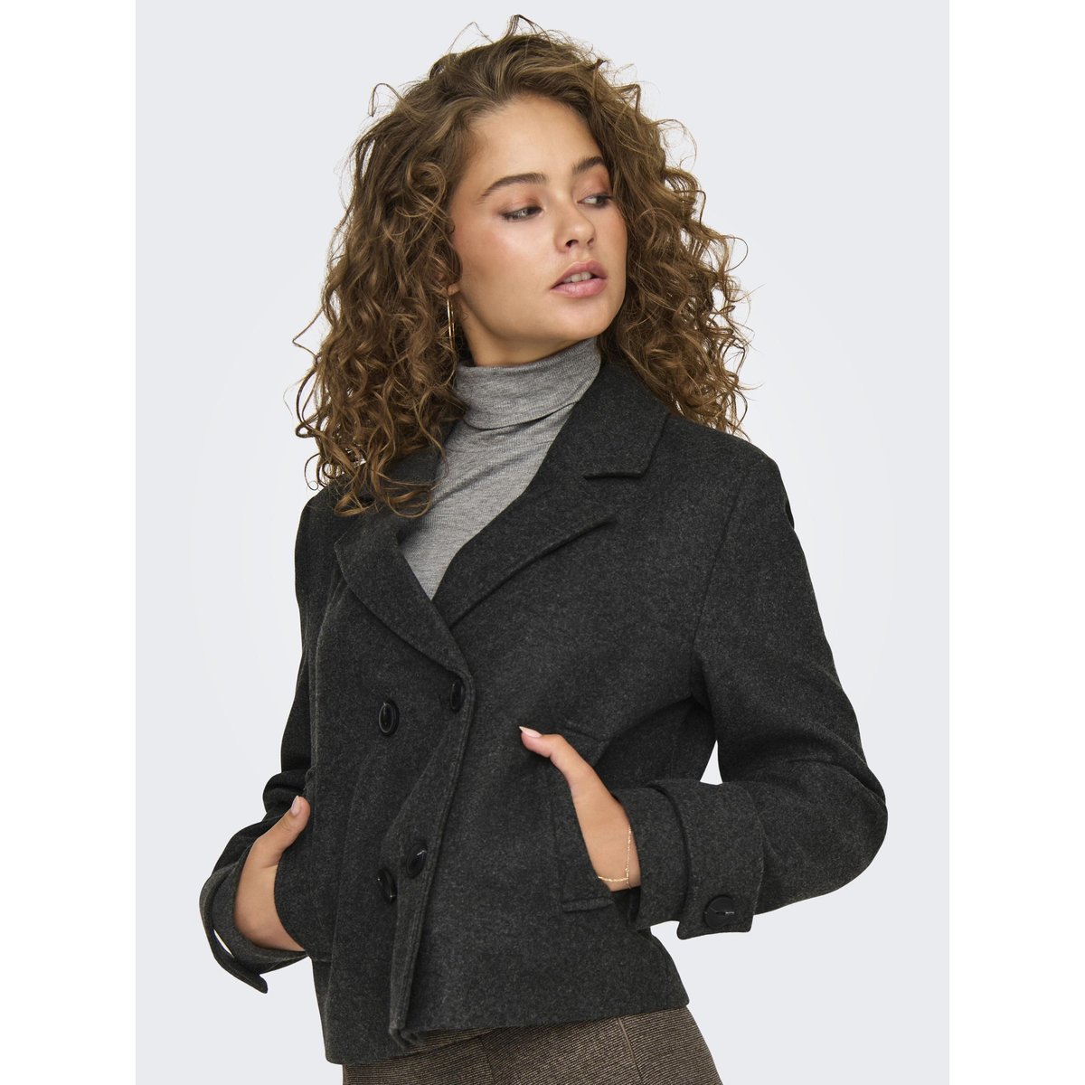 Manteau court col tailleur, boutonné dark grey melange, ONLY