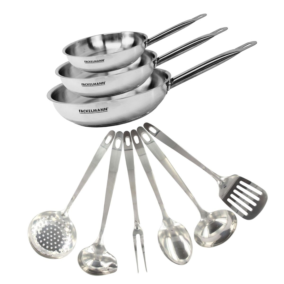 Set de 3 poêles de 20, 24 et en inox et 6 ustensiles inox ETERNA inox, FACKELMANN