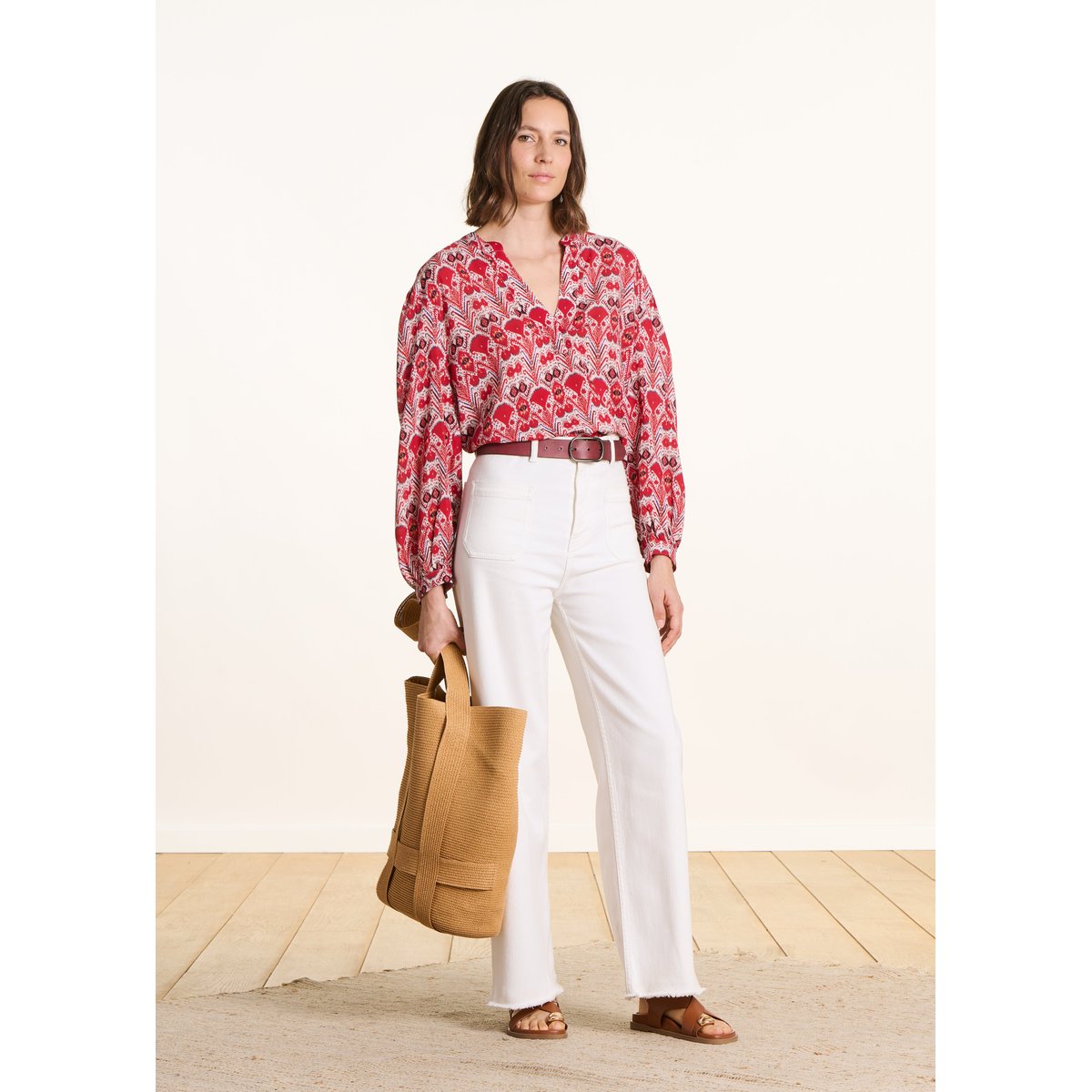 Top ample à imprimé manches longues ecru / rouge, LA FEE MARABOUTEE