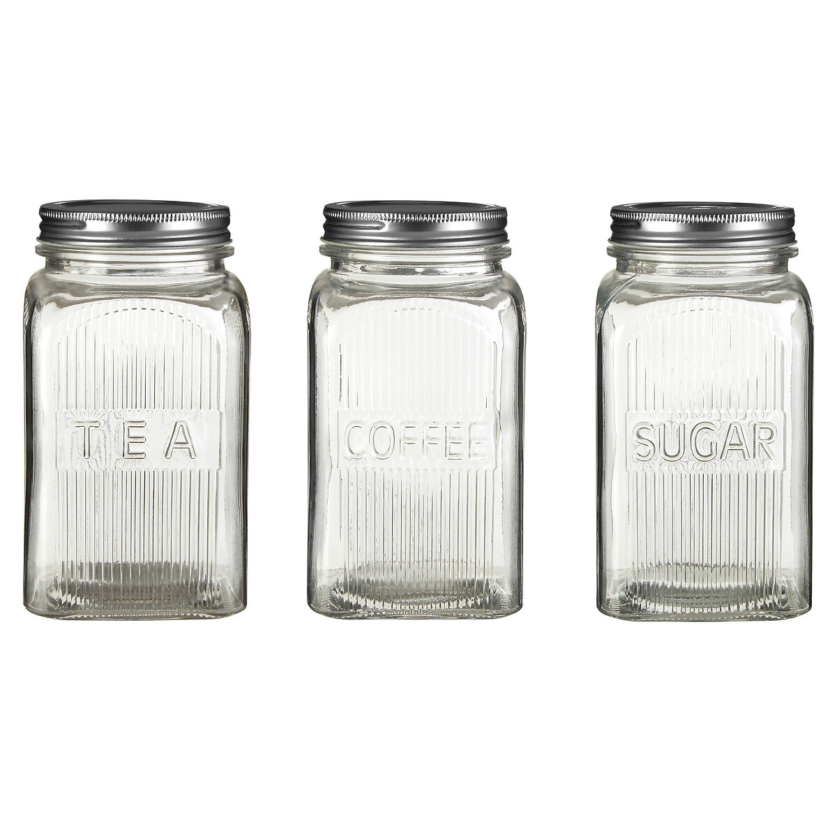 Set of 3 Embossed Glass Tea Coffee Sugar Jars with Silver Lids silver-coloured, SO'HOME