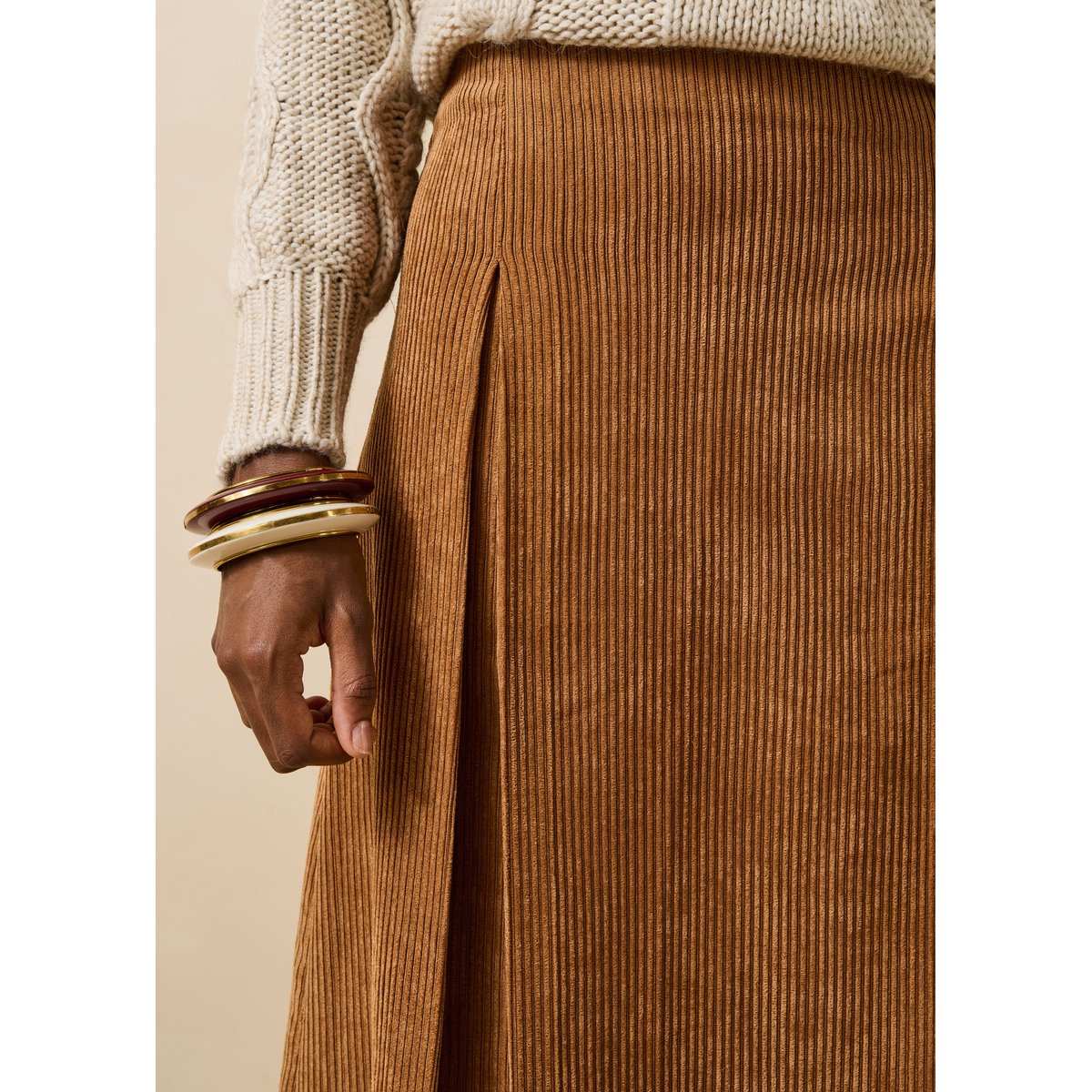Jupe midi en velours côtelé cognac, LA FEE MARABOUTEE