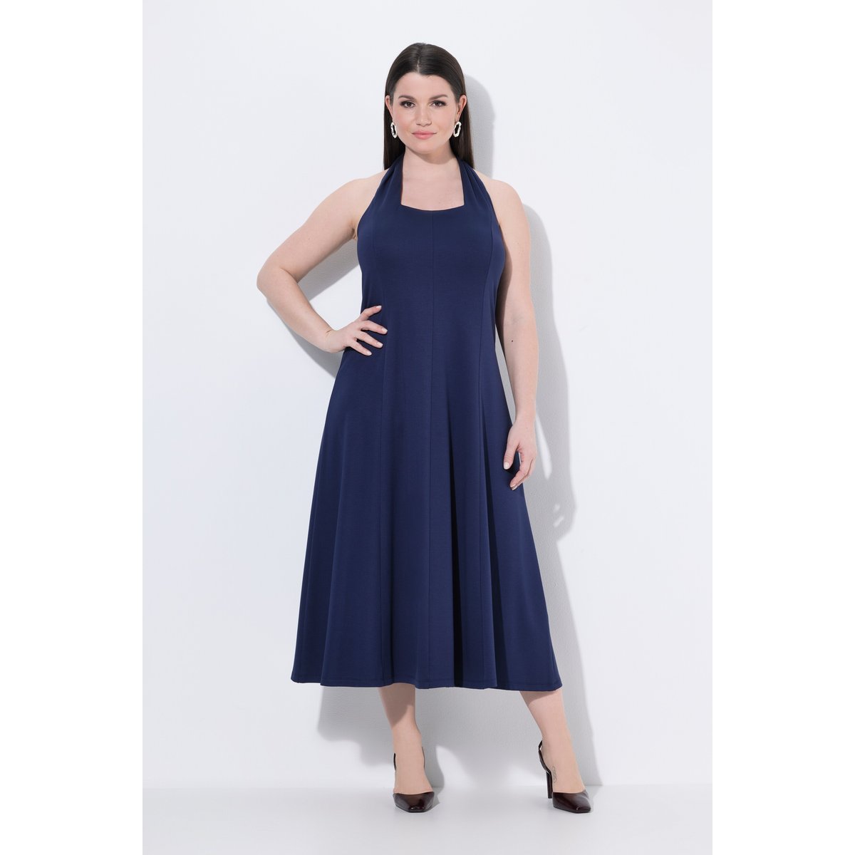 Robe dos en point de Rome, décolleté carré marine, ULLA POPKEN