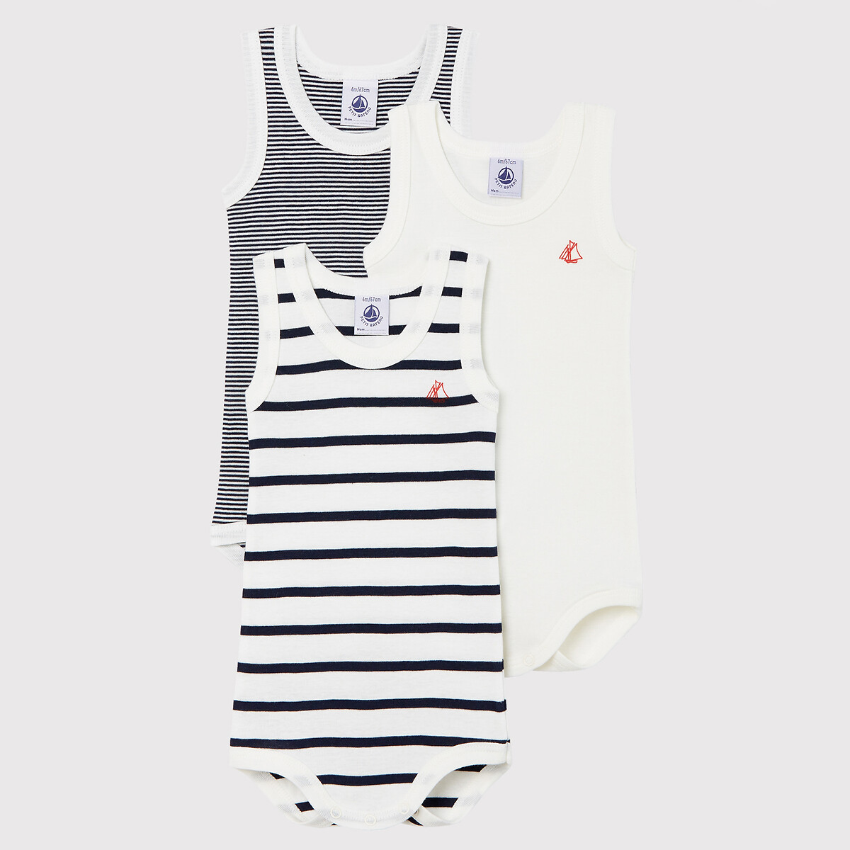 Lot de 3 bodies sans manches à rayures blanc/bleu, PETIT BATEAU