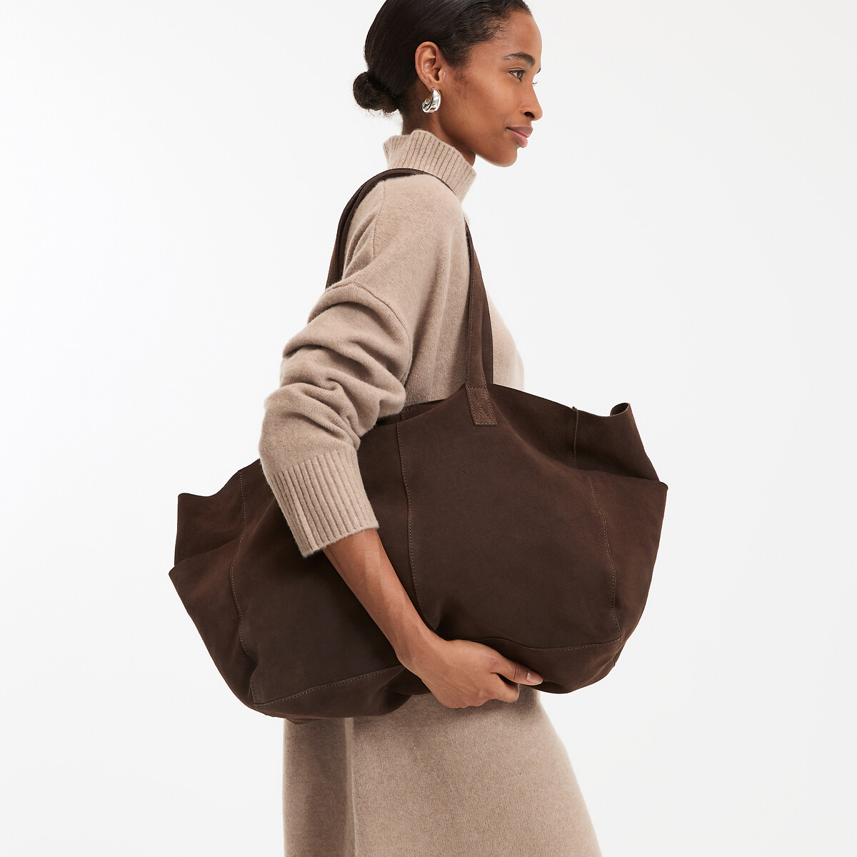 Sac cabas en cuir suédé chocolat, LA REDOUTE COLLECTIONS