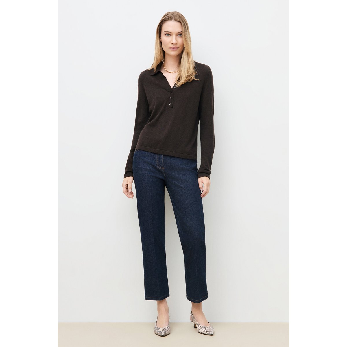 Pull droit court col chemise MPOPPY marron foncé, CAROLL