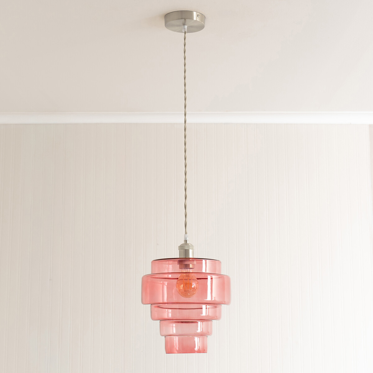 Lora Pendant Light with Glass 5-Tier Shade in Brushed Chrome pink, SO'HOME