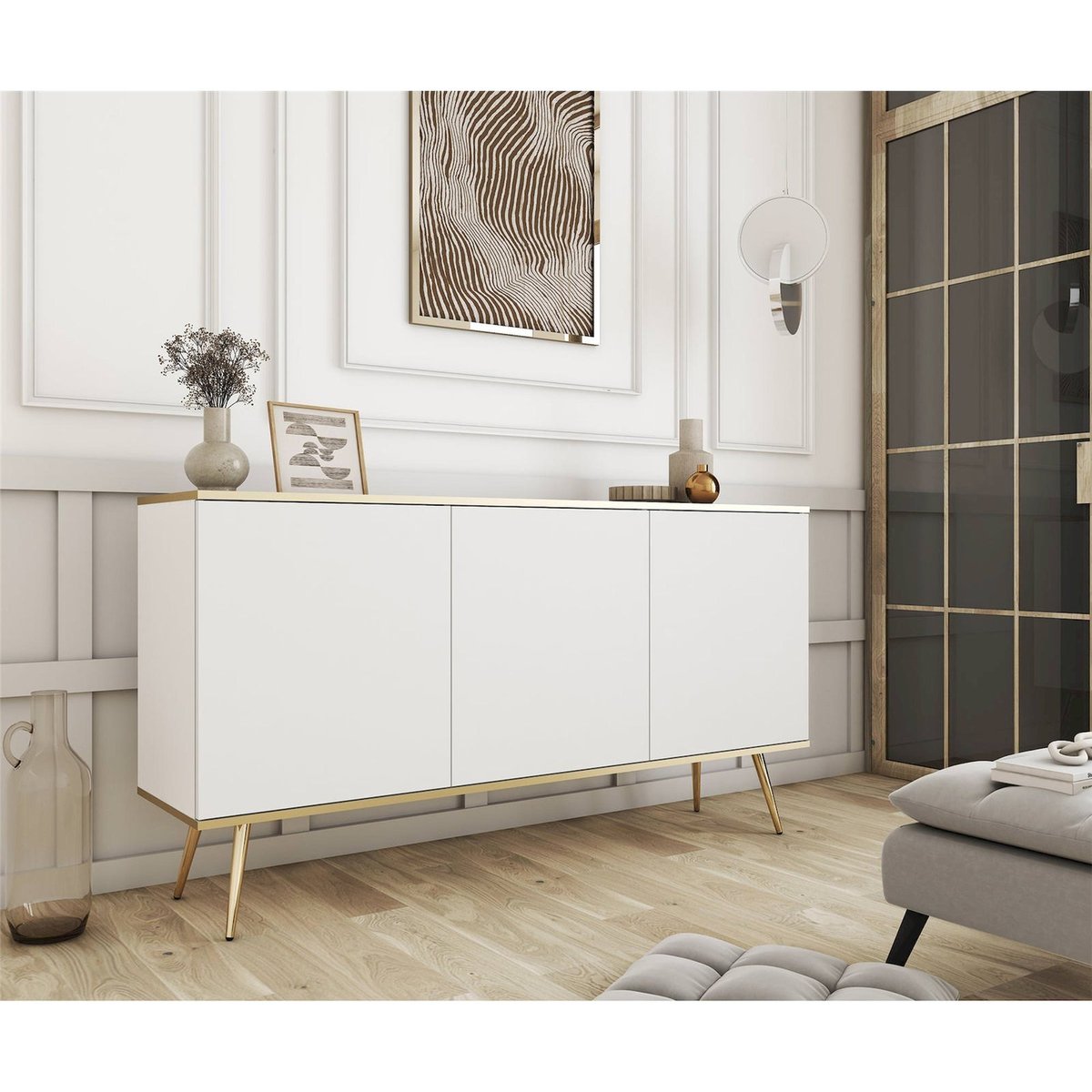 Buffet trois portes métal collection GLINTE blanc et doré, RECOLLECTION