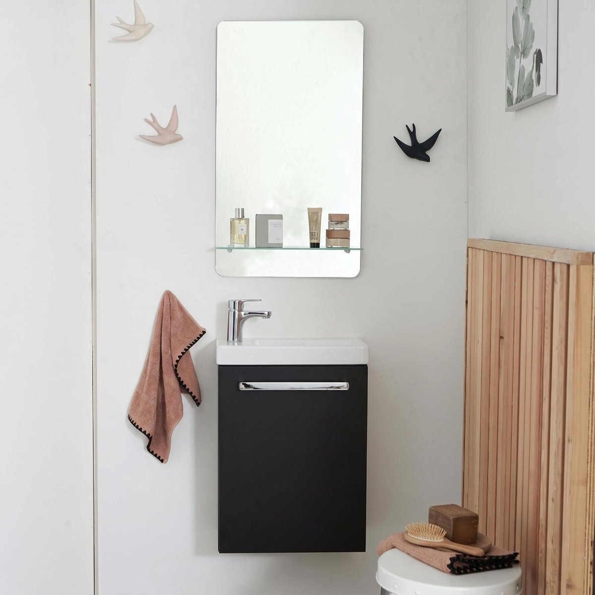 Ensemble lave-mains suspendu avec robinet et miroir NEVADA noir satiné, MOB IN