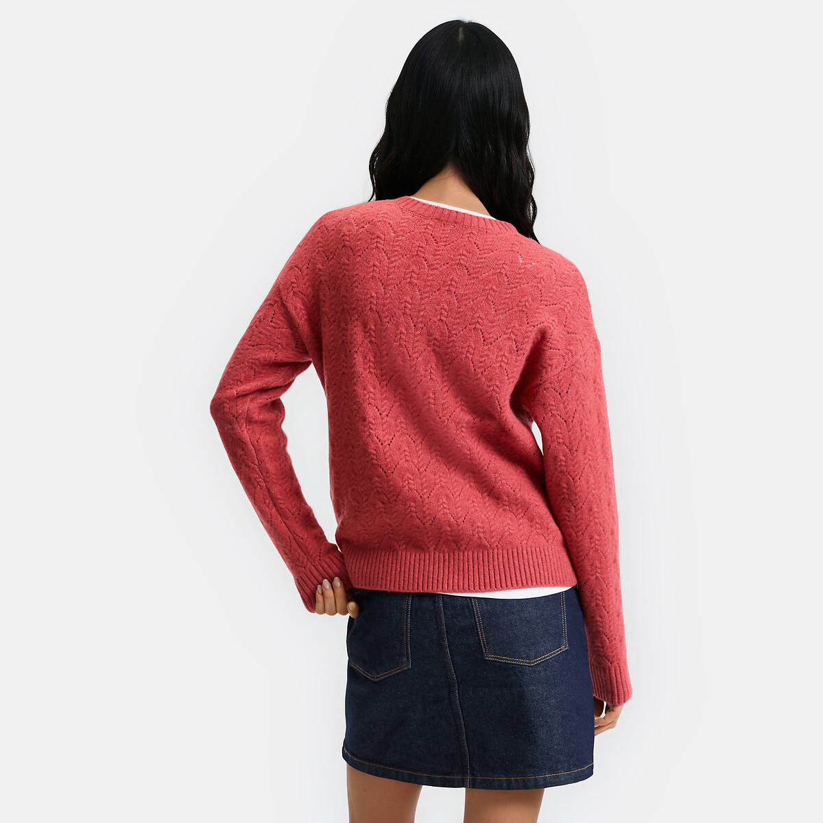 Openwork Cable Knit Crew Neck Jumper pink, LA REDOUTE COLLECTIONS
