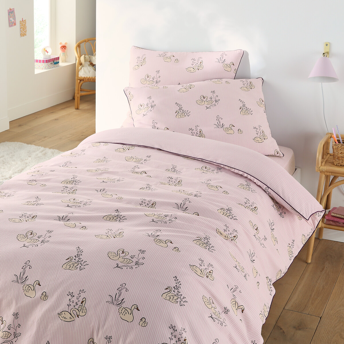 Housse de couette enfant 50% coton recyclé, Swan blanc/lilas, LA REDOUTE INTERIEURS