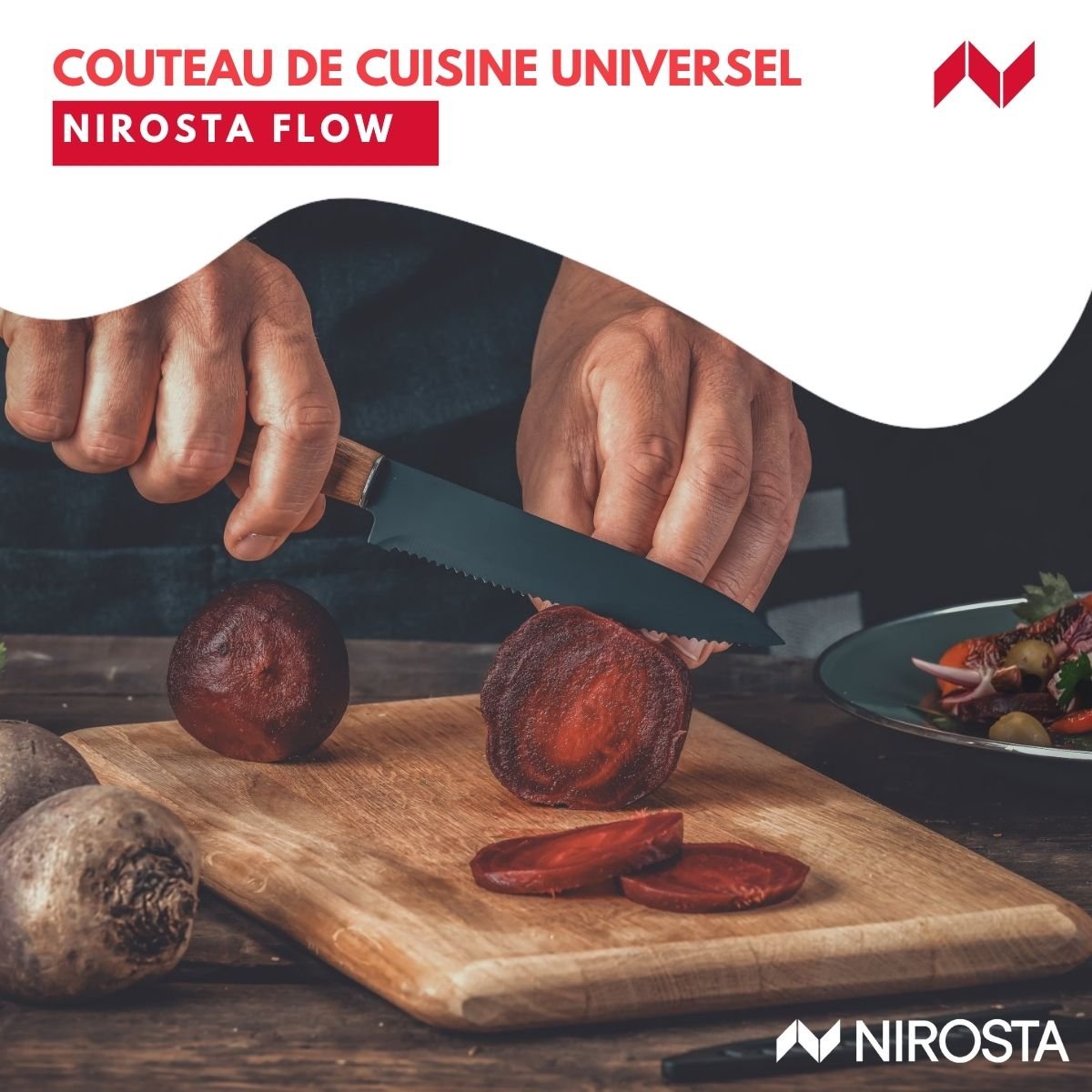 Couteau de cuisine lame crantée 24 cm FLOW bois,noir, NIROSTA