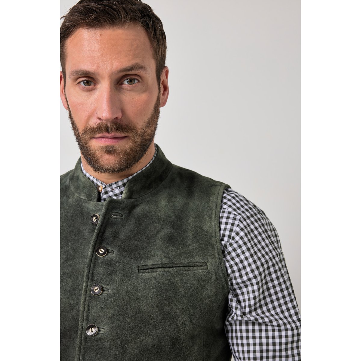 Gilet en cuir suédé de chevreau olive foncé, JP1880