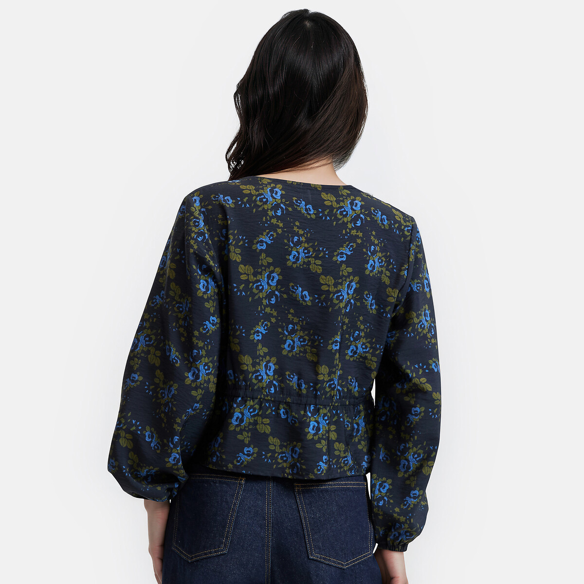 Floral Print Long Sleeve V-Neck Blouse floral print/navy background, LA REDOUTE COLLECTIONS