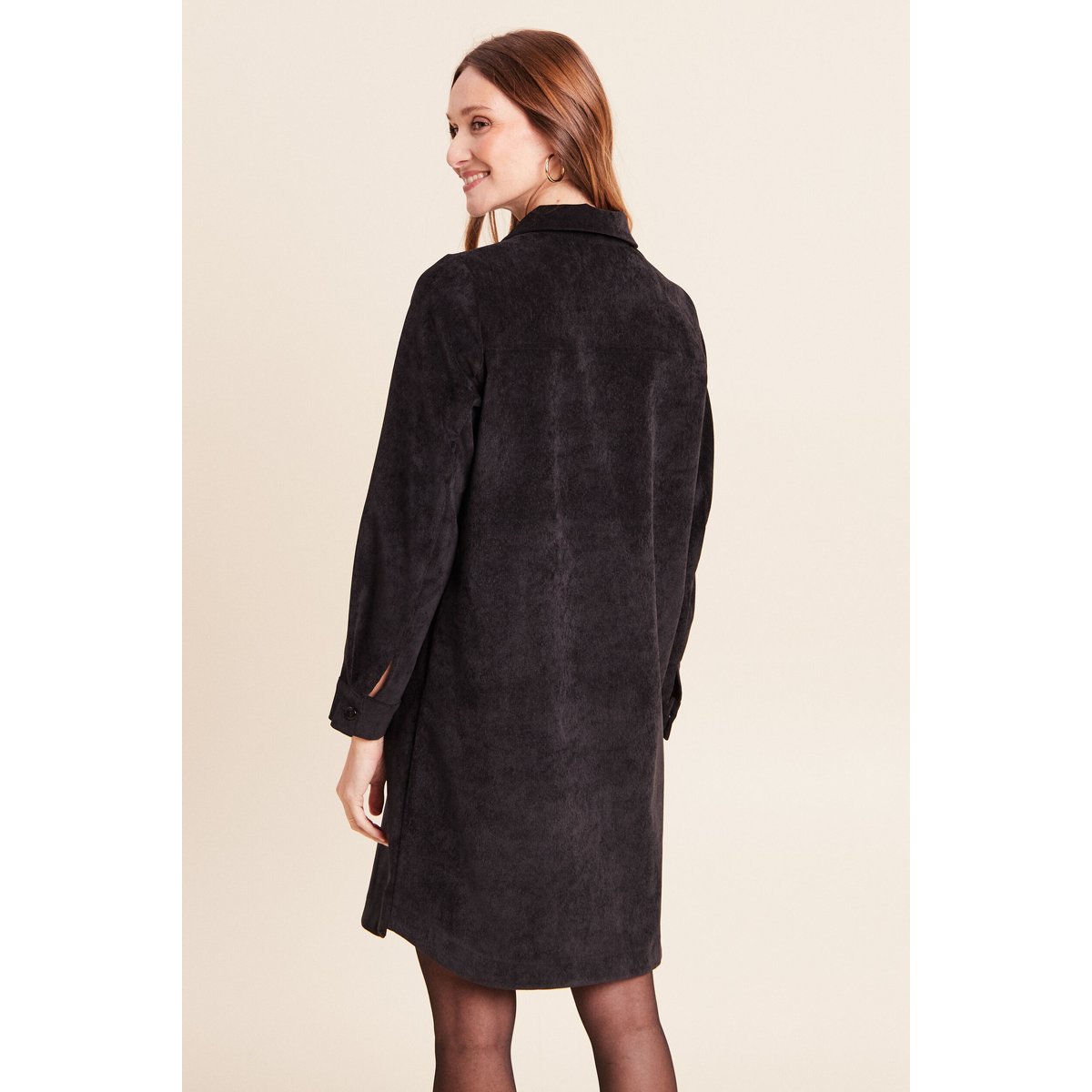 Robe droite courte velours col chemise noir, BREAL