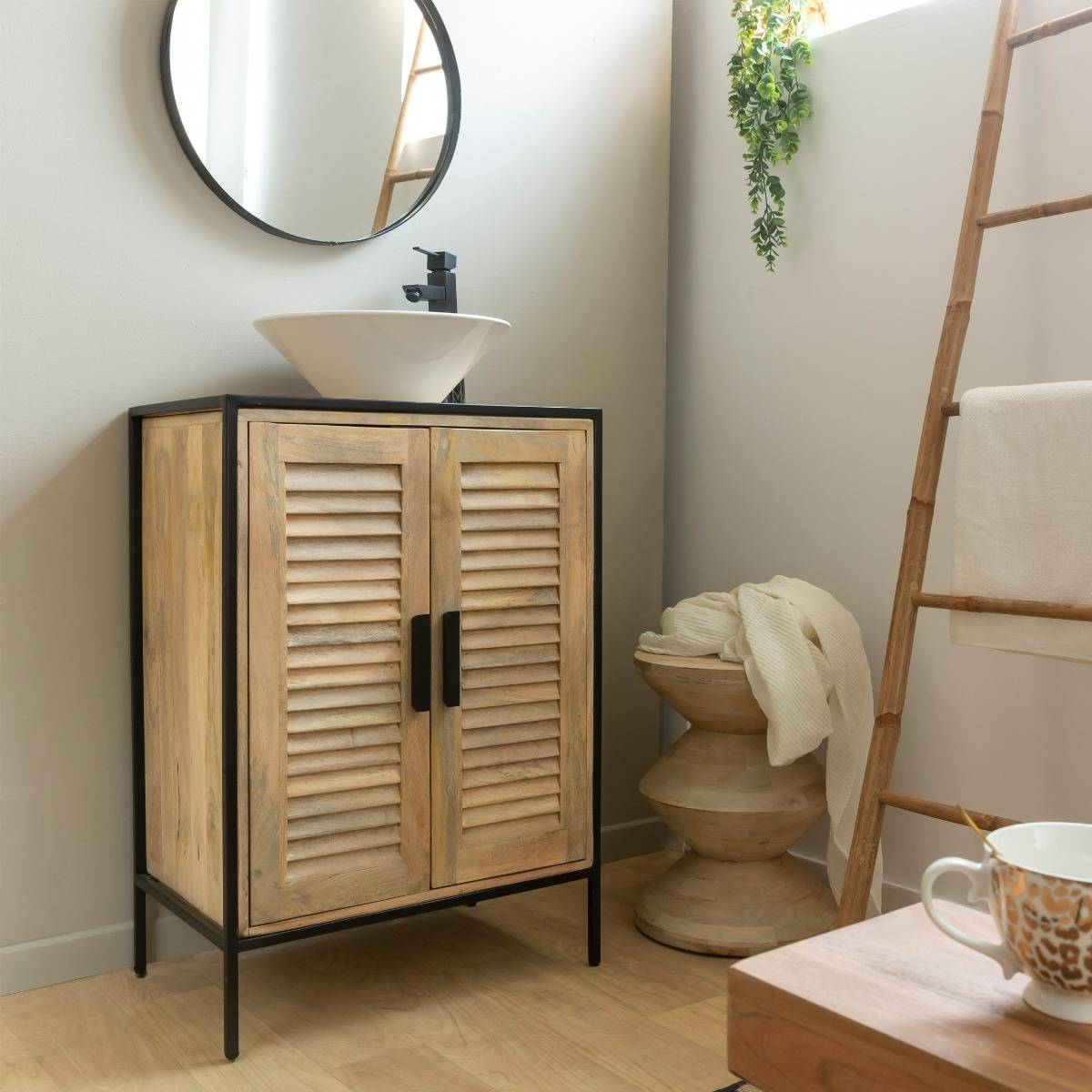 Meuble sous vasque en bois de manguier et métal CORALIE bois clair, MADE IN MEUBLES 