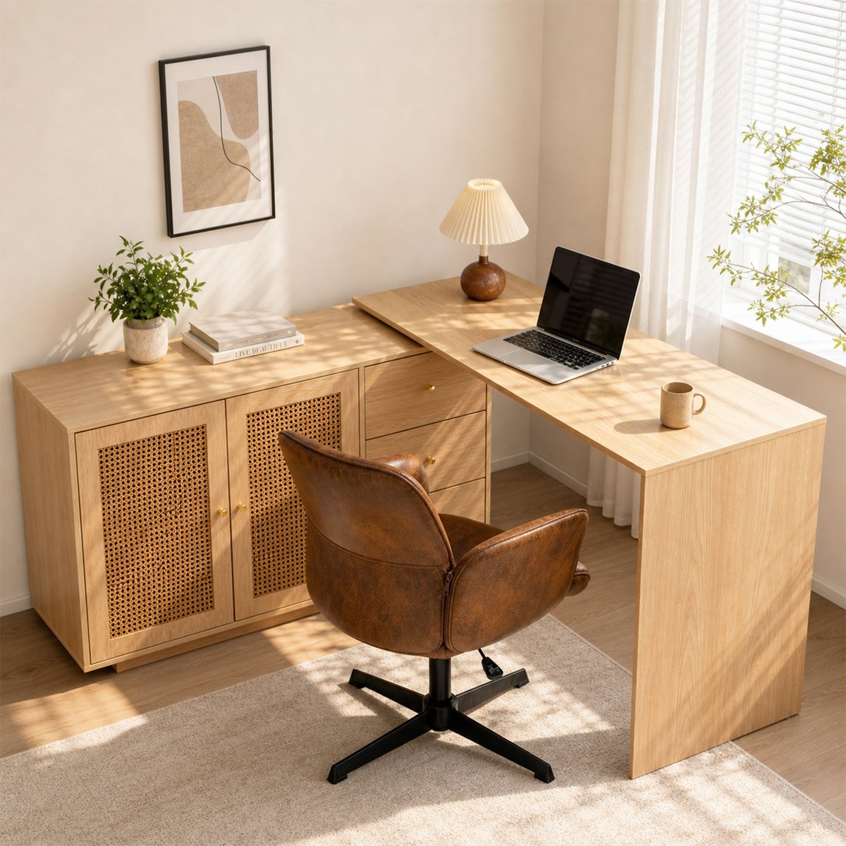 Ensemble de bureau d’angle rotatif avec portes rotin et chaise de bureau, DICCPERNTHOMASINAM marron, MEUBLES COSY