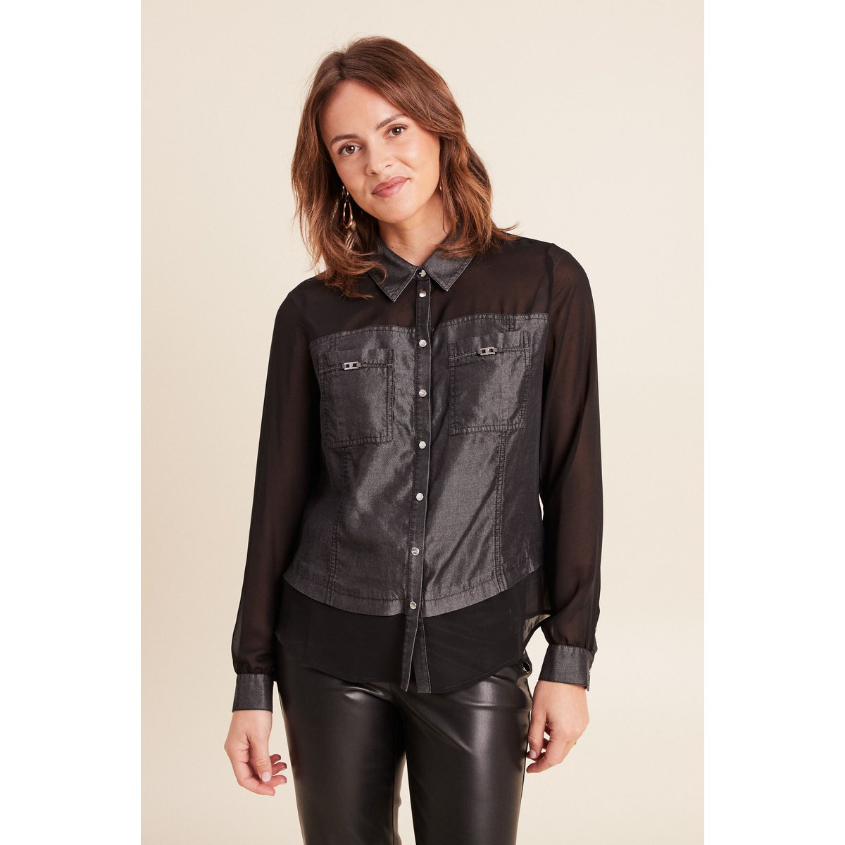 Chemise bi-matière manches longues denim gris, BREAL