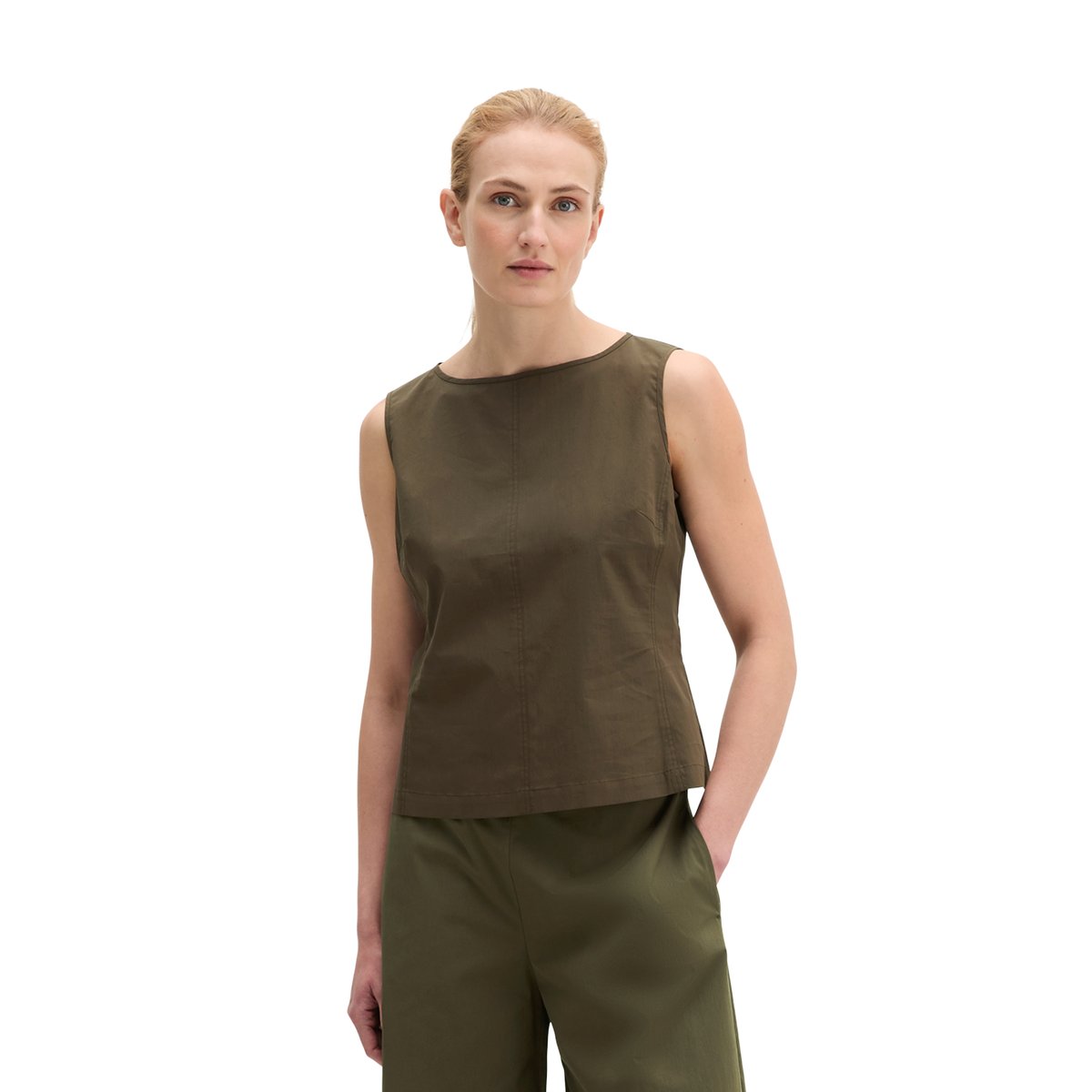Top chemisier shaped en popeline stretch marron foncé, MARC O'POLO