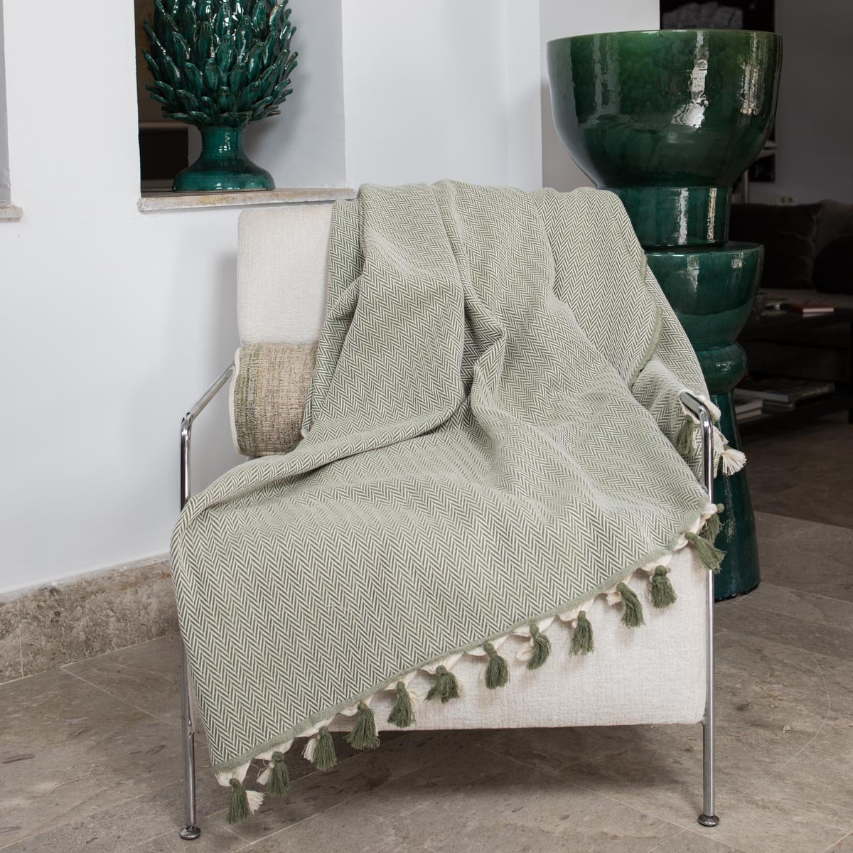 Plaid coton MEGEVE vert olive, FEBRONIE