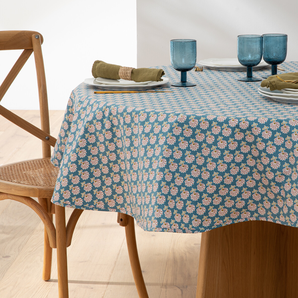 Nappe ronde imprimée coton enduit Nadesha imprimé fond bleu, LA REDOUTE INTERIEURS