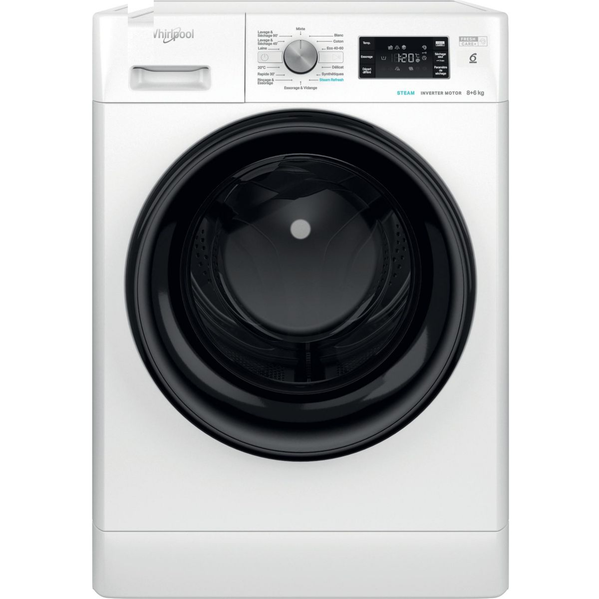 Lave linge séchant hublot FFWDB864489BVFR couleur unique, WHIRLPOOL