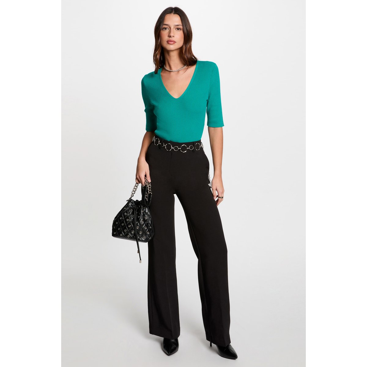 Pull col en V bleu turquoise, MORGAN