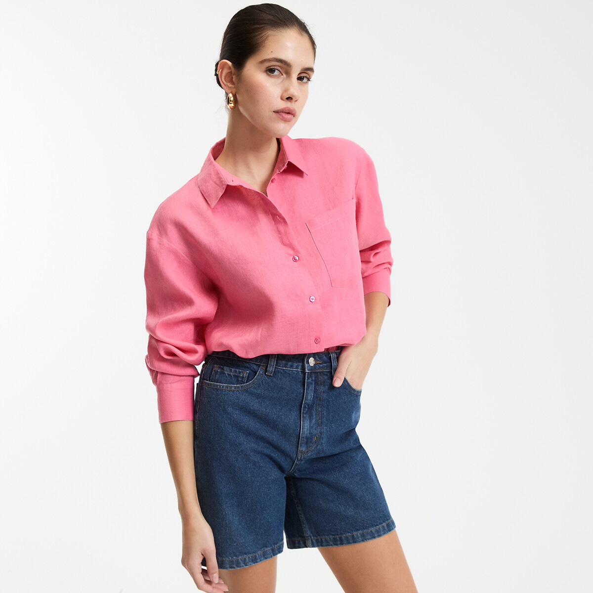 Chemise ample en lin, Signature MARLENE rose fuchsia, LA REDOUTE COLLECTIONS