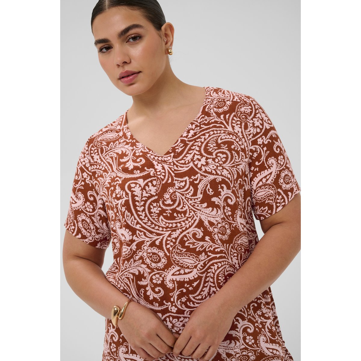 Blouse à manches courtes marron rose henna ballerina paisley, KAFFE CURVE
