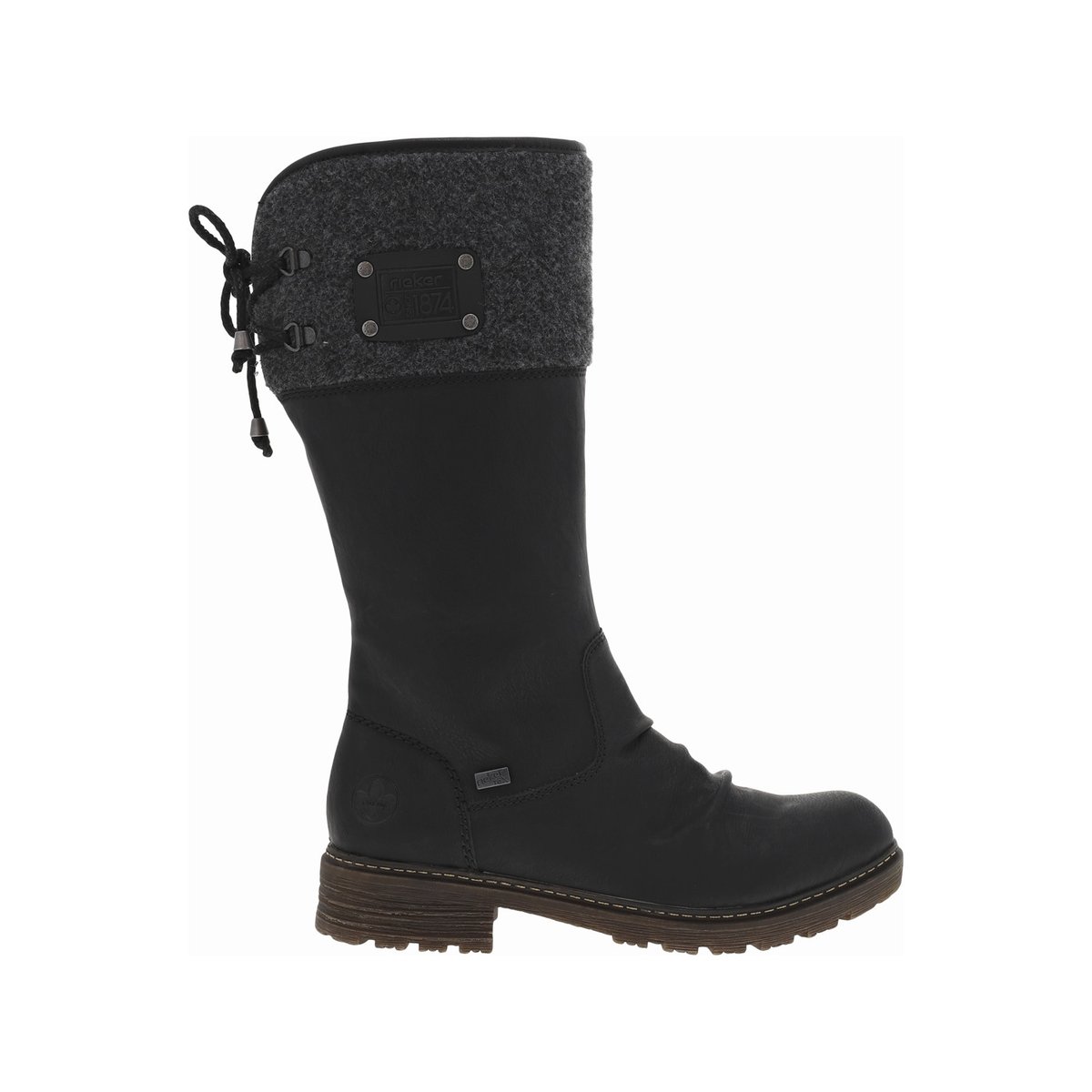 Bottes noires plates et à zip avec lacets arrière, fronces et col en feutre gris noires, RIEKER