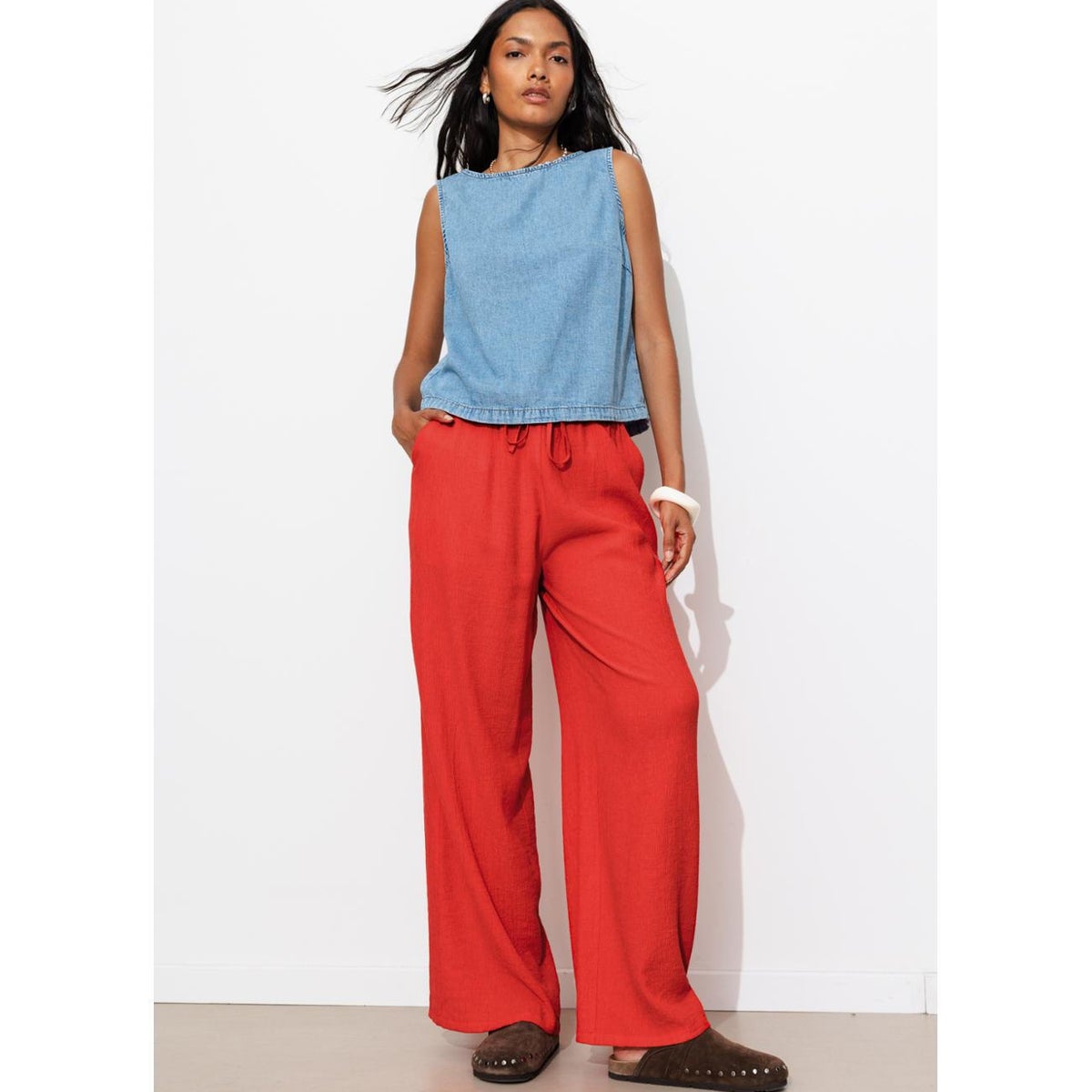 Pantalon large uni crinkle rouge, PROMOD
