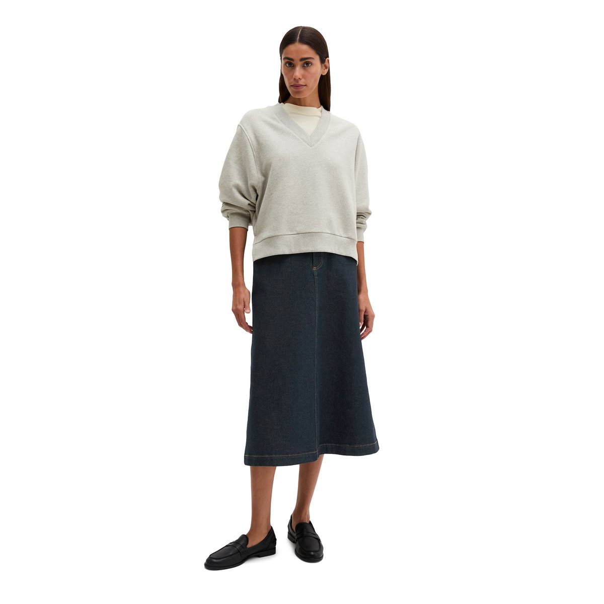 Sweat-shirt à col en V, coupe décontractée en mélange de coton bio gris, MARC O'POLO