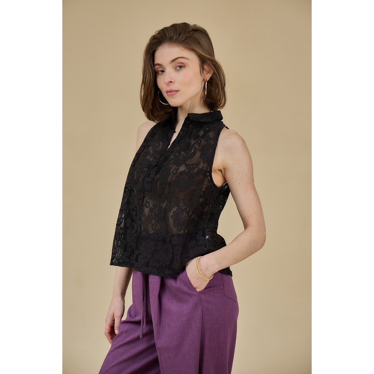 Buttoned Lace Tank Top black, SEE U SOON