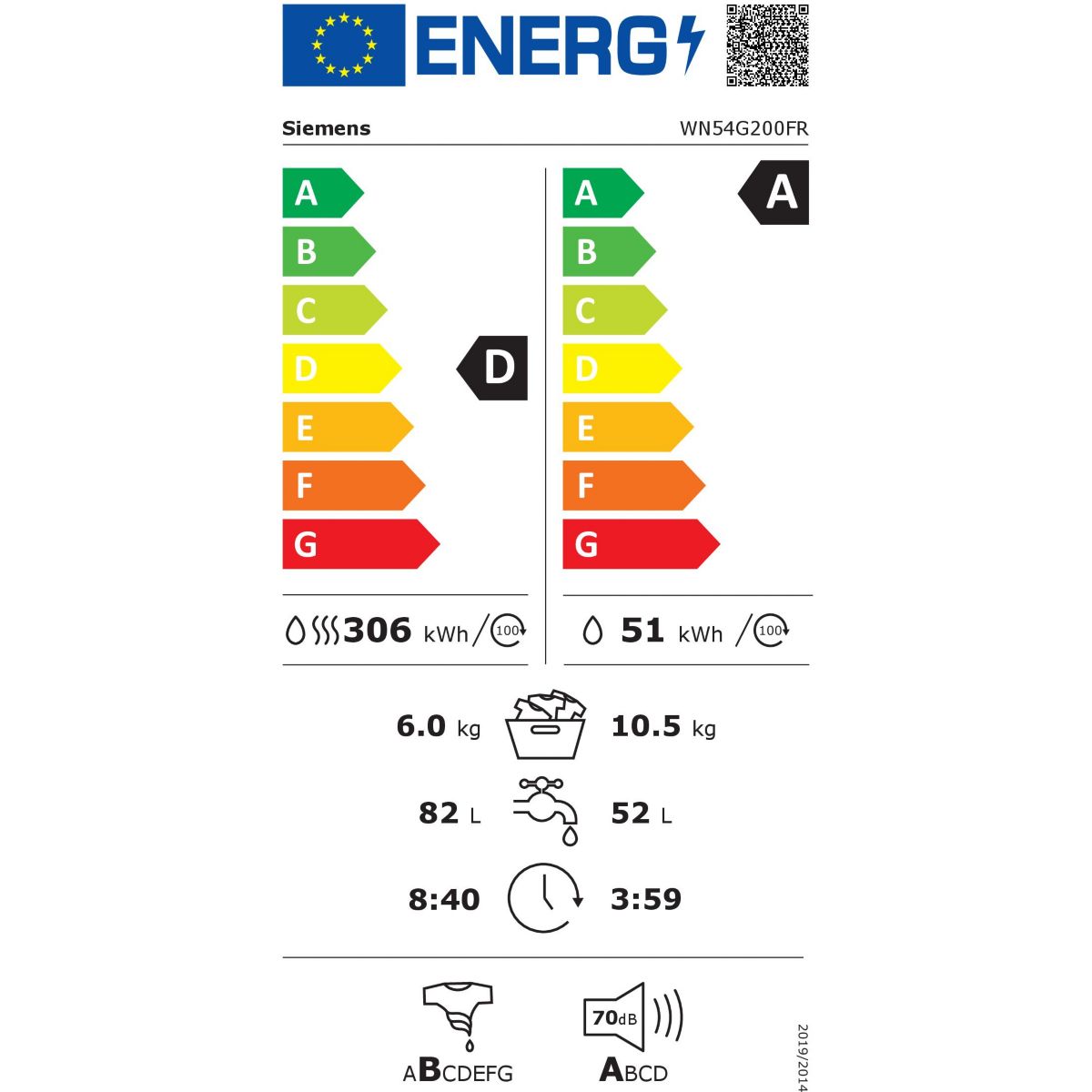 Lave linge séchant hublot WN54G200FR iQ500 couleur unique, SIEMENS