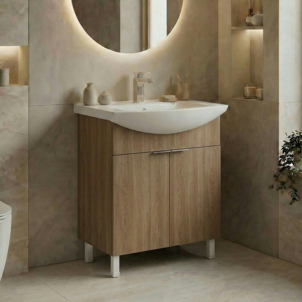 Meuble vasque sur pieds 2 portes 65 cm UMI chêne, PIER IMPORT