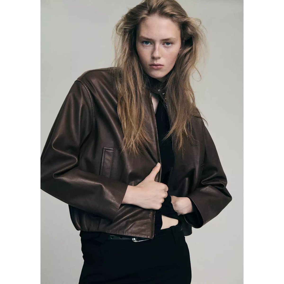 Veste cuir col officier marron, MANGO