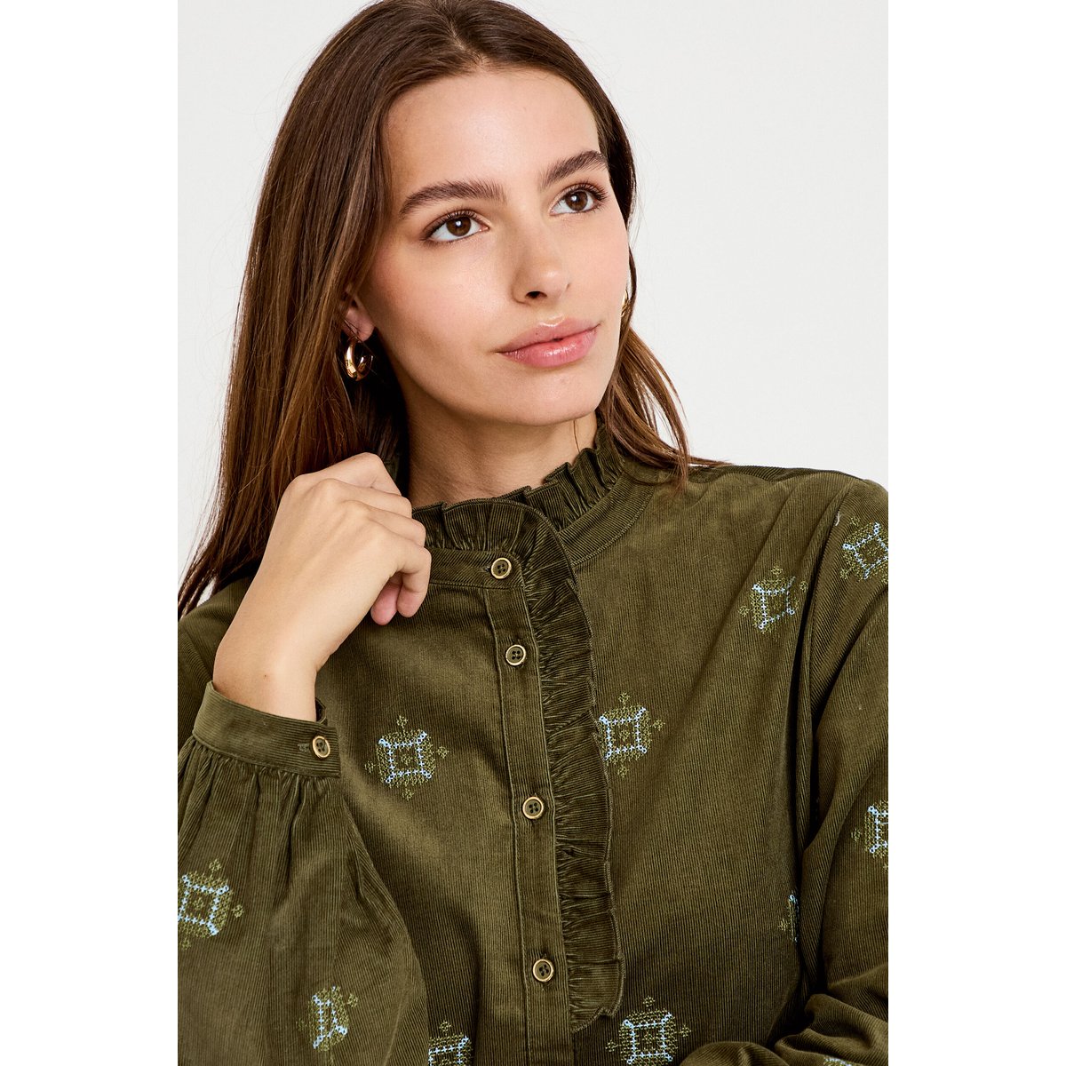 Chemise droite velours col montant vert kaki, CACHE CACHE