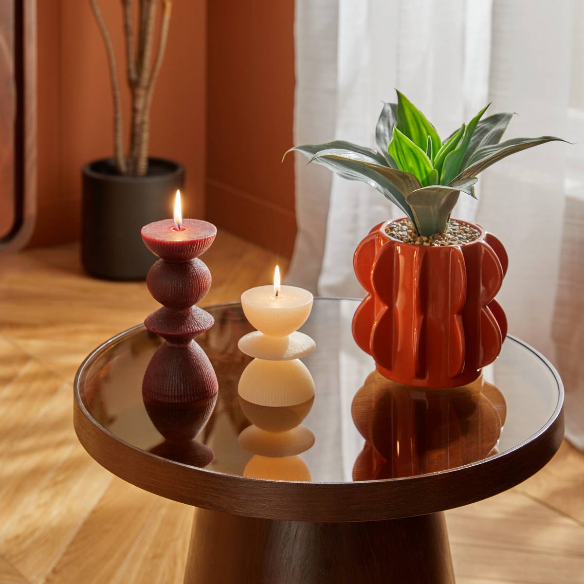Bougie décorative Homy ronde H.9cm orange, ATMOSPHERA